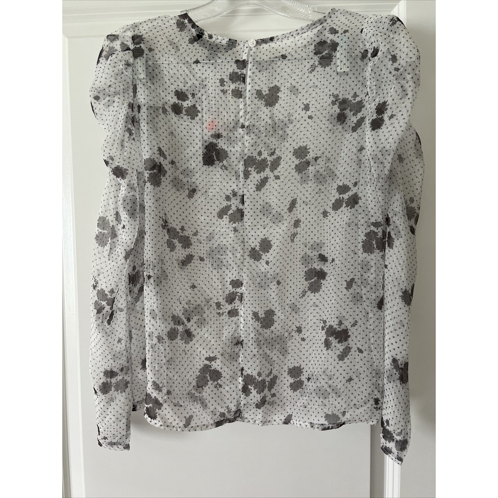 Banana Republic Blouse Size S Long Ruched Sleeve See Thur Black White Floral - Picture 3 of 10